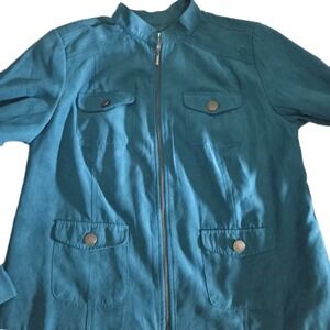 Studio Works Faux Suede Jacket Women's Size 14 Teal Zip Front Utility Pockets
